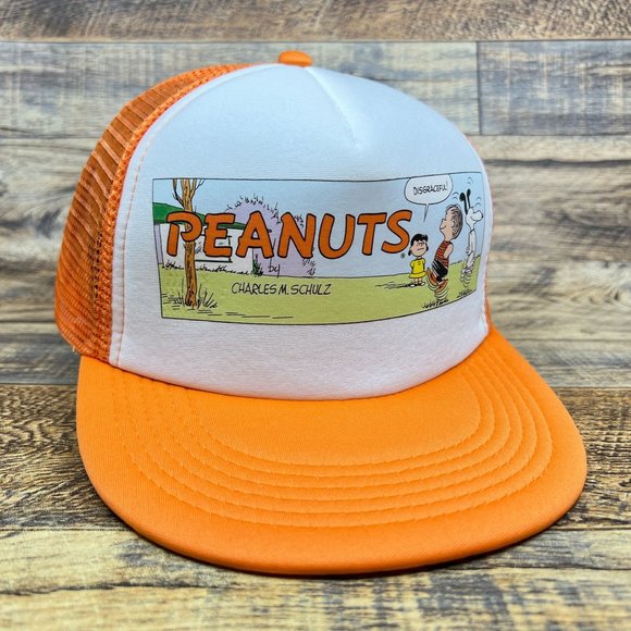 Unbranded Other - Vintage Peanuts Charlie Brown Mens Trucker Hat Orange Snapback Comic Strip Cap